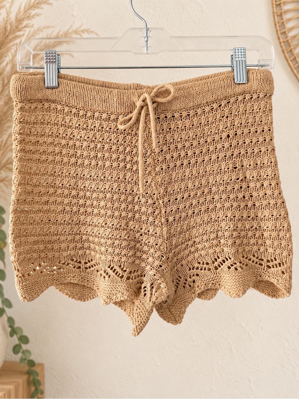 Crochet High-Rise Knit Shorts - Tan